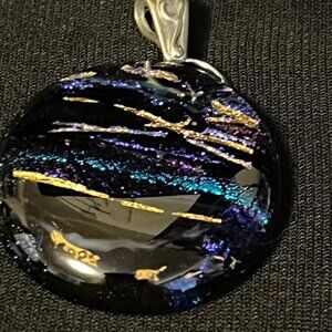 Marian Fieldson Blue, Purple & Gold Dichroic Glass Pendant – 1¼” Round